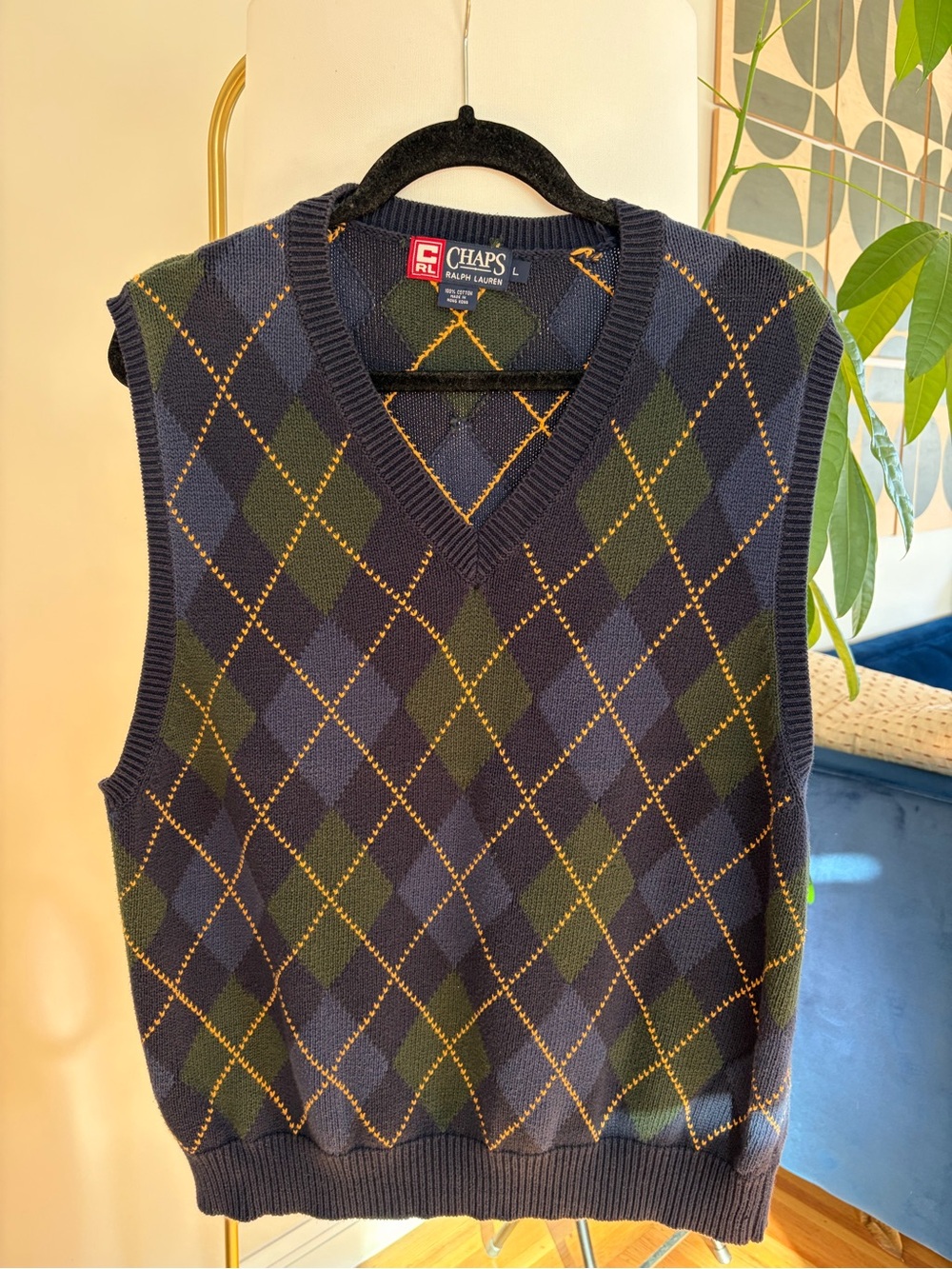 Chaps Ralph Lauren Navy, Green & Gold Argyle Crewneck Sweater Vest